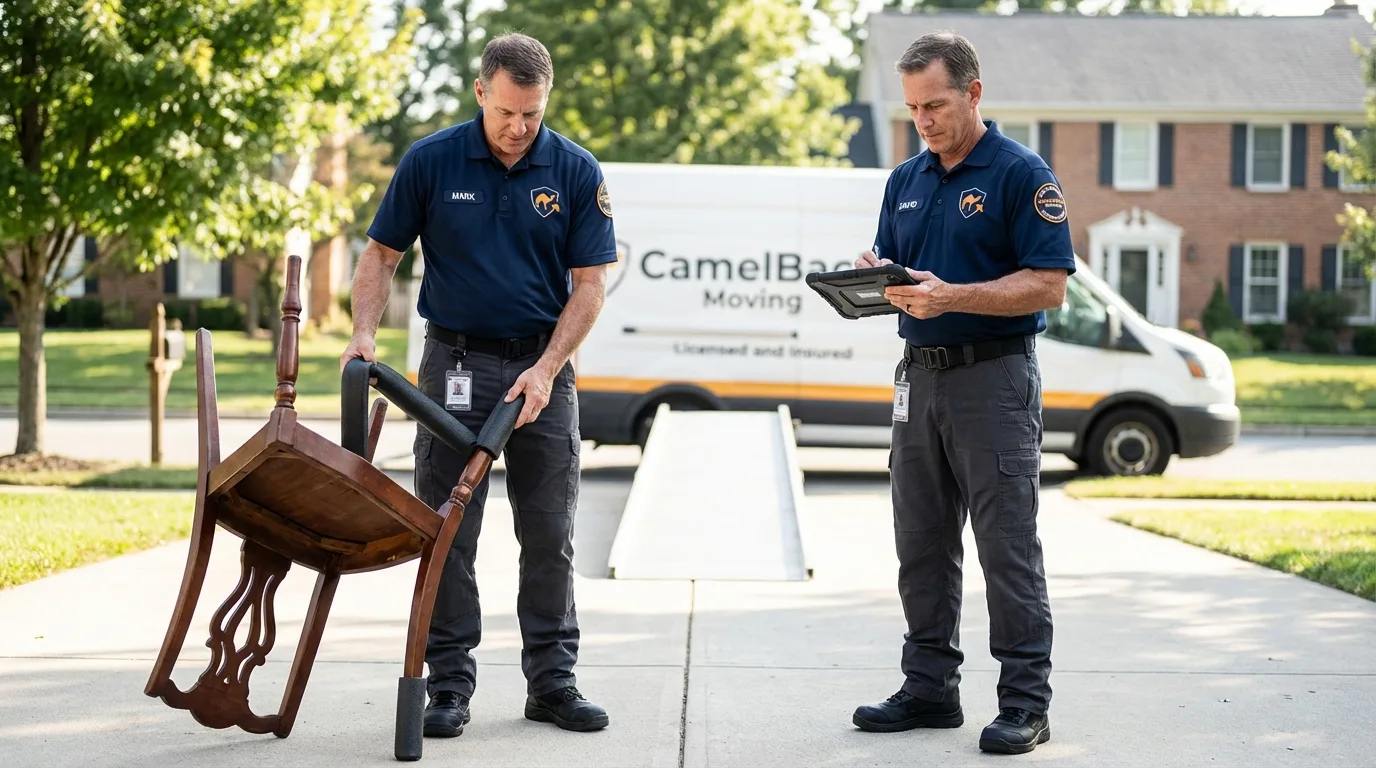 Movers inspecting furniture for damage prevention before loading in Porterdale, GA