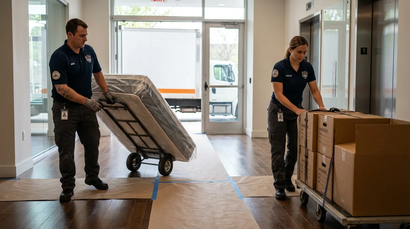 Professional apartment movers loading elevator in Porterdale, GA