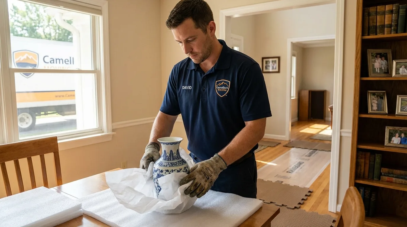 Professional crew carefully wrapping antique vase for senior downsizing move in Porterdale, GA